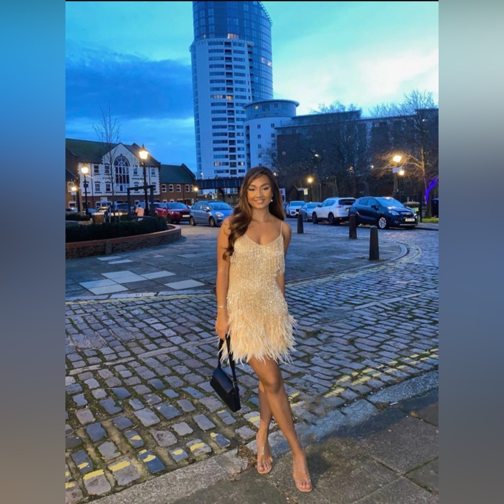 NADINE MERABI LOTTIE Champagne Mini Dress sequins feather - Picture 4 of 10